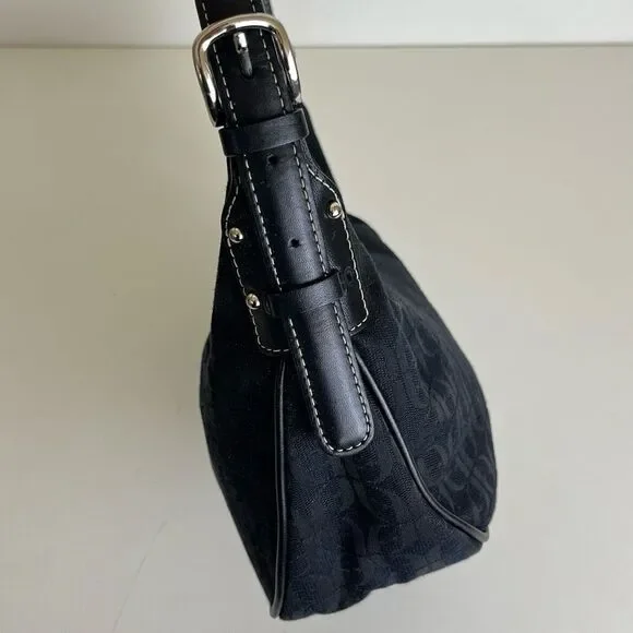 Fossil Y2K Mini Hobo Black Jacquard Leather Trim Logo Vintage Crescent Baguette - Picture 4 of 15